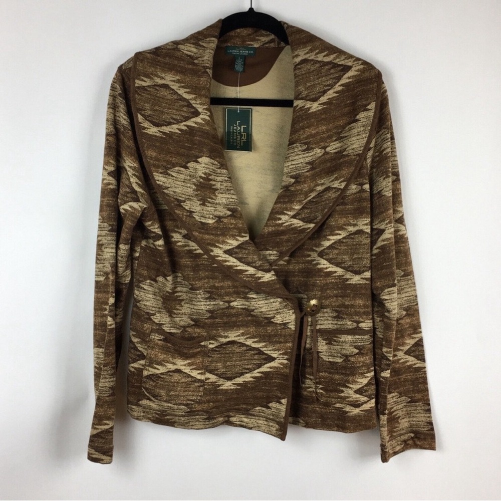 RALPH LAUREN Women’s Southwestern Aztec Brown Cotton Sweater Jacket Ski Resort L